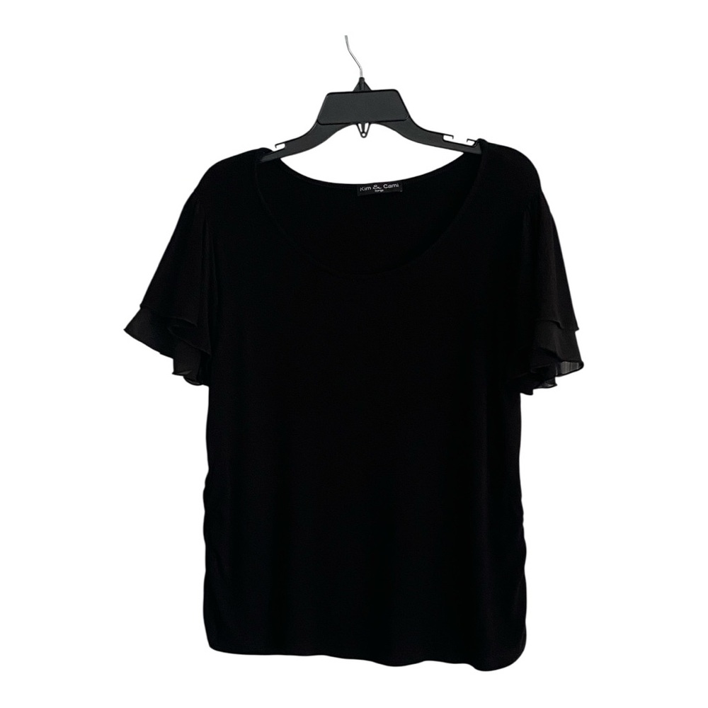 Kim & Cami Black Flutter Sleeve Blouse Ruched sides Size Large